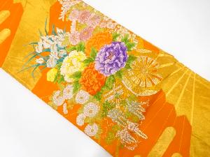 アンティーク　山下織物製　御所車に菊・藤模様織り出し袋帯（着用可）